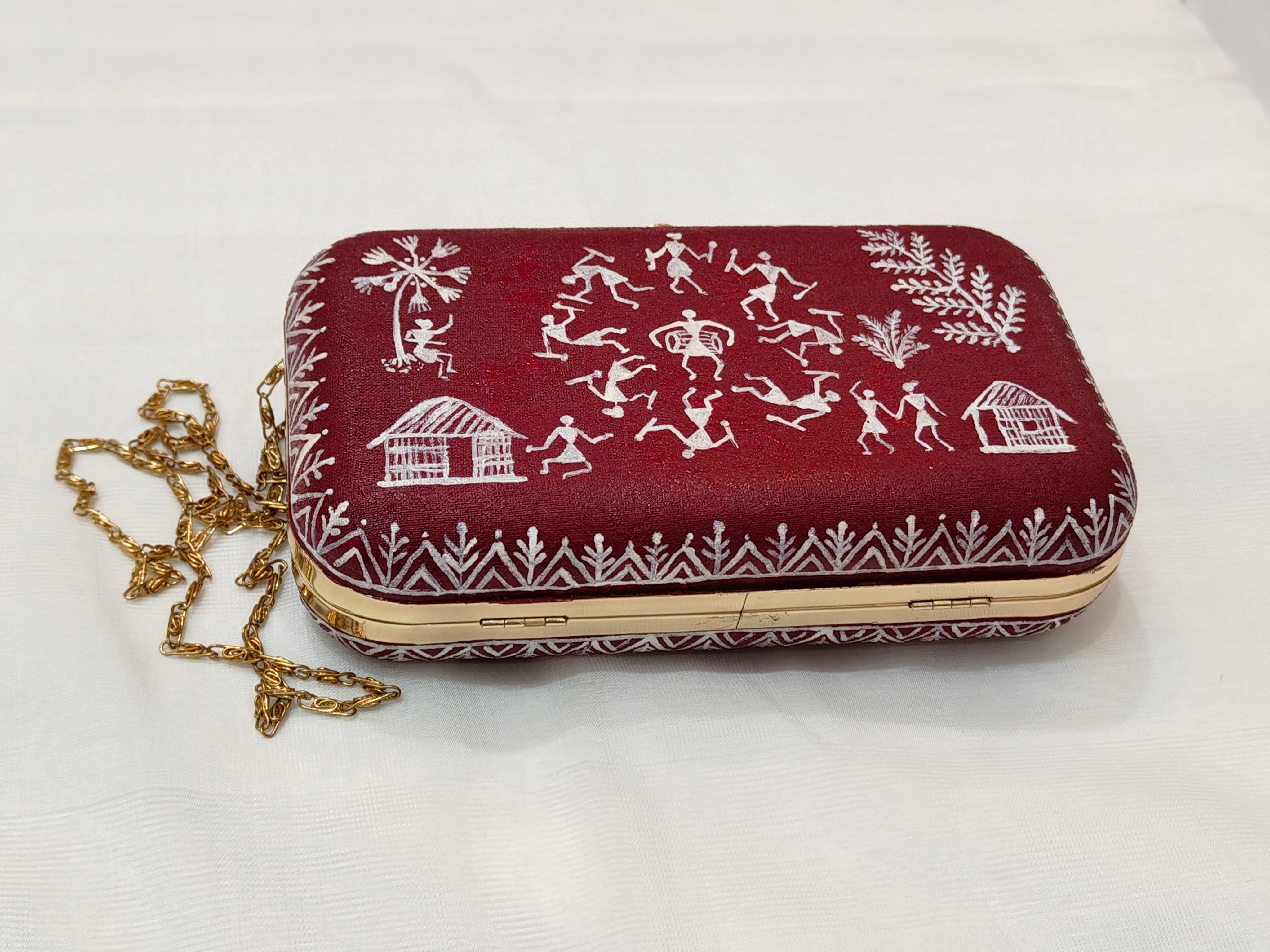 Handpainted Worli Art Clutch on Canvas with Metal Clip – Maroon Base